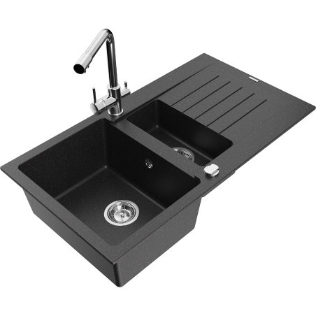 Mexen Matias granite sink with 1.5 bowls, drainer, and Duero kitchen faucet, black/silver metallic - 6502-73-671600-00