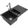 Mexen Matias granite sink with 1.5 bowls, drainer, and Duero kitchen faucet, black/silver metallic - 6502-73-671600-00