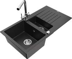 Mexen Matias granite sink 1.5-bowl with drainer and Duero kitchen faucet, black/silver metallic - 6502-73-671600-00