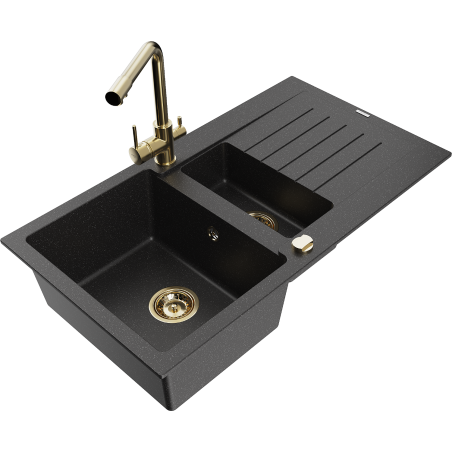 Mexen Matias 1.5-compartment granite sink with a drip tray and kitchen mixer tap Duero, Black/Silver metallic- 6502-73-671600-50
