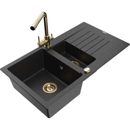 Mexen Matias granite sink 1.5-bowl with drainer and Duero kitchen faucet, black/silver metallic - 6502-73-671600-50