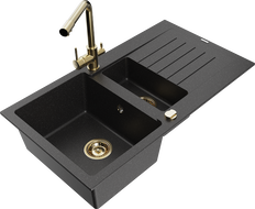 Mexen Matias 1.5-compartment granite sink with a drip tray and kitchen mixer tap Duero, Black/Silver metallic- 6502-73-671600-50