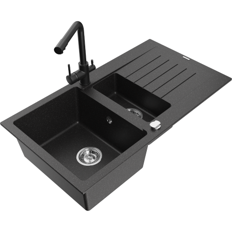 Mexen Matias granite sink 1.5-bowl with drainer and Duero kitchen tap, black/silver metallic- 6502-73-671600-70