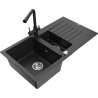 Mexen Matias 1.5-bowl granite kitchen sink with drainer and Duero kitchen faucet, black/silver metallic - 6502-73-671600-70