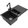 Mexen Matias granite sink 1.5-bowl with drainer and Duero kitchen tap, black/silver metallic- 6502-73-671600-70