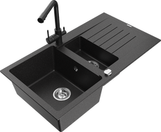 Mexen Matias 1.5-bowl granite kitchen sink with drainer and Duero kitchen faucet, black/silver metallic - 6502-73-671600-70