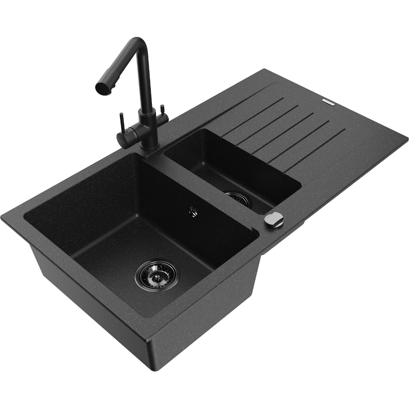 Mexen Matias 1.5-compartment granite sink with a drip tray and kitchen mixer tap Duero, Black/Silver - 6502-73-671600-70-B