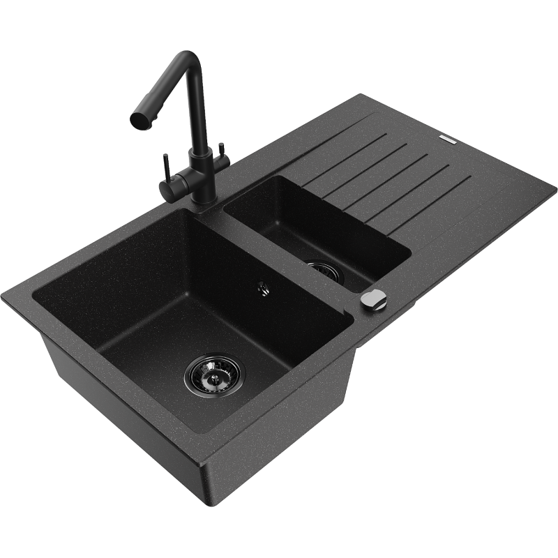 Mexen Matias granite sink 1.5-bowl with drainer and Duero kitchen tap, black/silver - 6502-73-671600-70-B