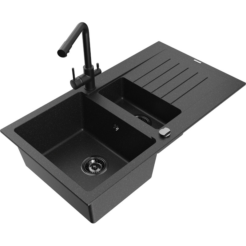 Mexen Matias granite sink 1.5-bowl with drainer and kitchen faucet Duero, black/silver - 6502-73-671600-70-B
