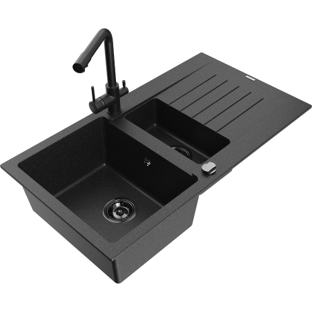 Mexen Matias 1.5-compartment granite sink with a drip tray and kitchen mixer tap Duero, Black/Silver - 6502-73-671600-70-B