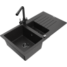 Mexen Matias 1.5-compartment granite sink with a drip tray and kitchen mixer tap Duero, Black/Silver - 6502-73-671600-70-B