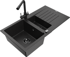 Mexen Matias 1.5-compartment granite sink with a drip tray and kitchen mixer tap Duero, Black/Silver - 6502-73-671600-70-B