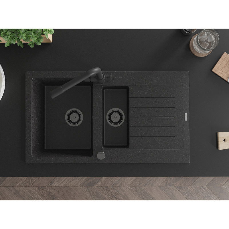 Mexen Matias granite sink 1.5-bowl with drainer and Duero kitchen tap, black/silver - 6502-73-671600-70-B