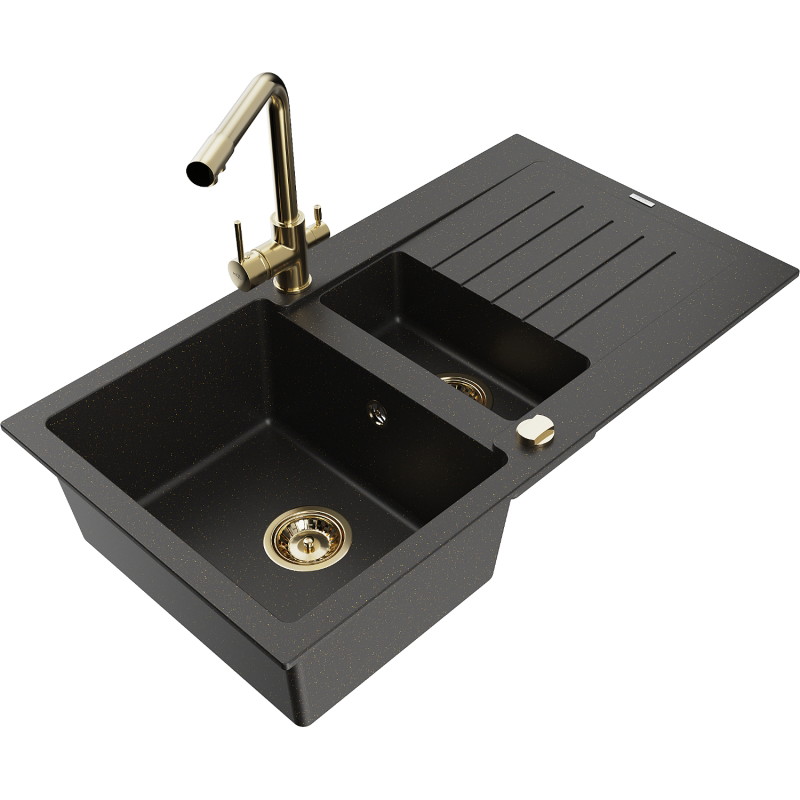 Mexen Matias granite sink 1.5-bowl with drainer and Duero kitchen faucet, black/gold metallic - 6502-75-671600-50