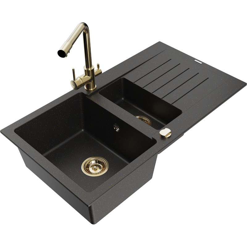 Mexen Matias granite sink 1.5-bowl with drainer and Duero kitchen tap, black/gold metallic - 6502-75-671600-50