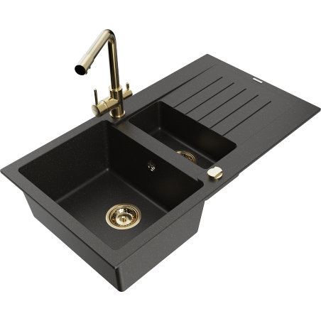 Mexen Matias granite sink 1.5-bowl with drainer and Duero kitchen tap, black/gold metallic - 6502-75-671600-50