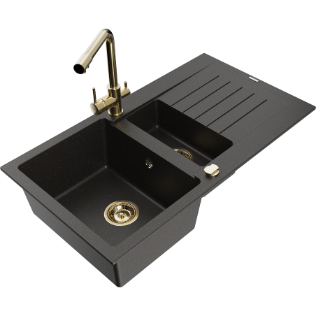 Mexen Matias granite sink 1.5-bowl with drainer and kitchen faucet Duero, black/gold metallic - 6502-75-671600-50