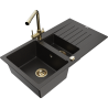 Mexen Matias granite sink 1.5-bowl with drainer and Duero kitchen faucet, black/gold metallic - 6502-75-671600-50
