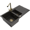 Mexen Matias granite sink 1.5-bowl with drainer and Duero kitchen tap, black/gold metallic - 6502-75-671600-50