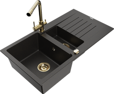 Mexen Matias granite sink 1.5-bowl with drainer and kitchen faucet Duero, black/gold metallic - 6502-75-671600-50