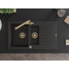 Mexen Matias granite sink 1.5-bowl with drainer and Duero kitchen tap, black/gold metallic - 6502-75-671600-50