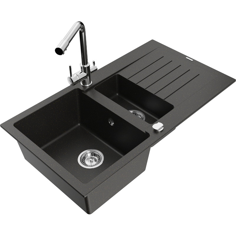 Mexen Matias 1.5-bowl granite sink with drainer and Duero kitchen faucet, black/gold metallic - 6502-75-671600-00