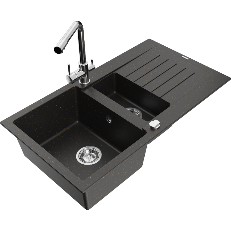 Mexen Matias granite sink 1.5-bowl with drainer and kitchen tap Duero, black/golden metallic - 6502-75-671600-00