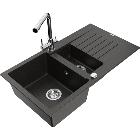 Mexen Matias 1.5-bowl granite sink with drainer and kitchen faucet Duero, black/gold metallic - 6502-75-671600-00