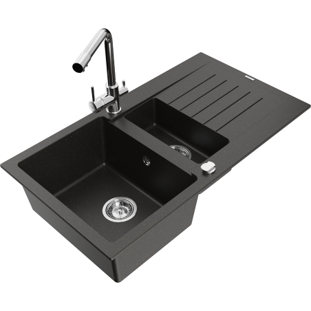 Mexen Matias granite sink 1.5-bowl with drainer and kitchen tap Duero, black/golden metallic - 6502-75-671600-00