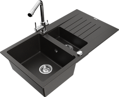 Mexen Matias granite sink 1.5-bowl with drainer and kitchen tap Duero, black/golden metallic - 6502-75-671600-00