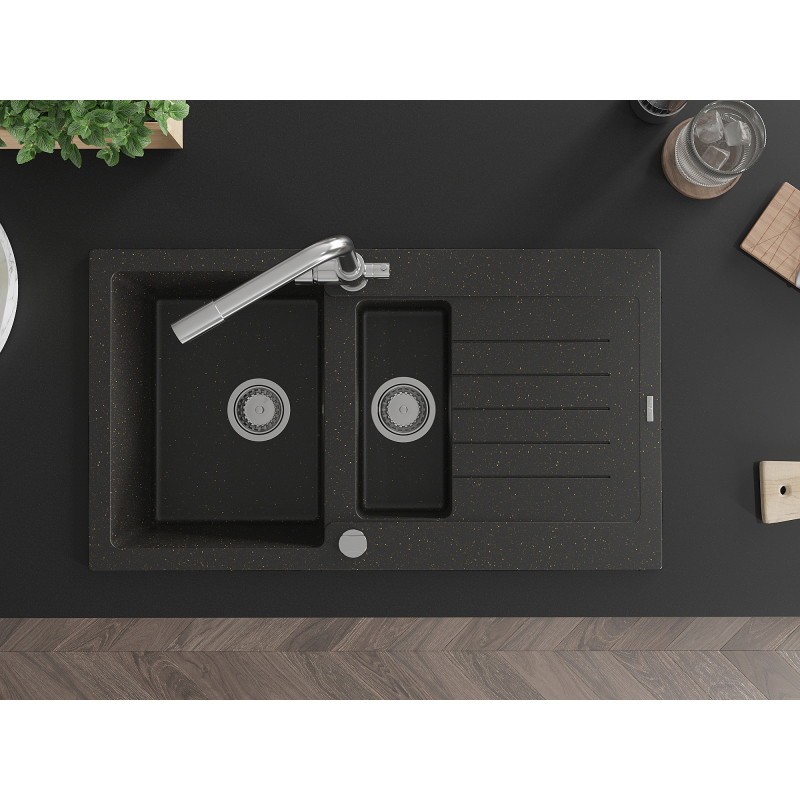 Mexen Matias 1.5-bowl granite sink with drainer and kitchen faucet Duero, black/gold metallic - 6502-75-671600-00