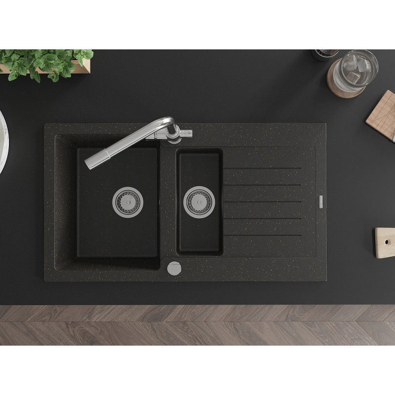 Mexen Matias granite sink 1.5-bowl with drainer and kitchen tap Duero, black/golden metallic - 6502-75-671600-00