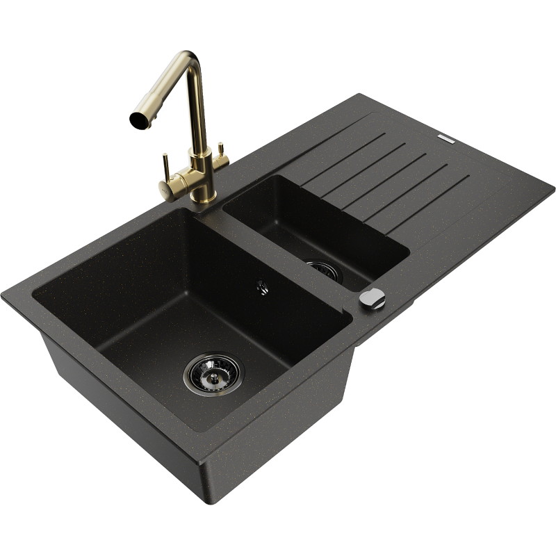 Mexen Matias granite sink 1.5-bowl with drainer and Duero kitchen faucet, black/gold - 6502-75-671600-50-B