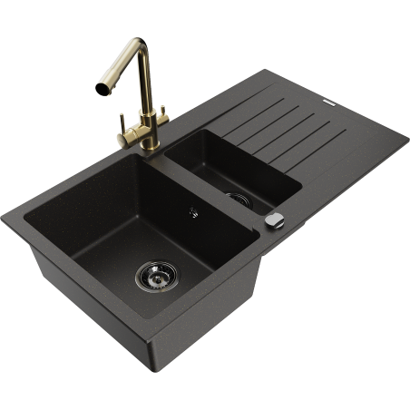 Mexen Matias 1.5-compartment granite sink with a drip tray and kitchen mixer tap Duero, Black/Gold - 6502-75-671600-50-B