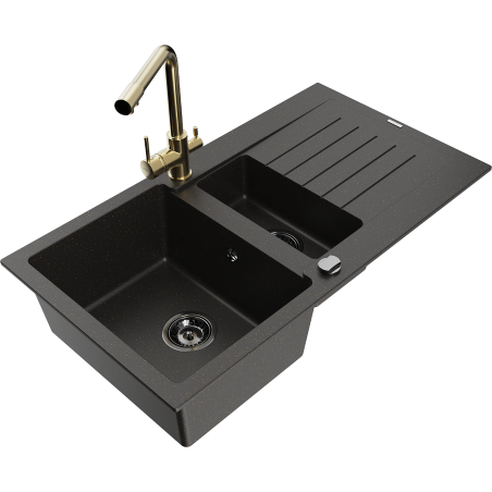Mexen Matias granite sink 1.5-bowl with drainer and Duero kitchen tap, black/gold - 6502-75-671600-50-B
