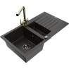 Mexen Matias 1.5-bowl granite sink with drainer and Duero kitchen faucet, black/gold - 6502-75-671600-50-B