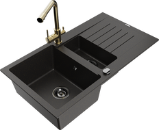 Mexen Matias 1.5-bowl granite sink with drainer and Duero kitchen faucet, black/gold - 6502-75-671600-50-B