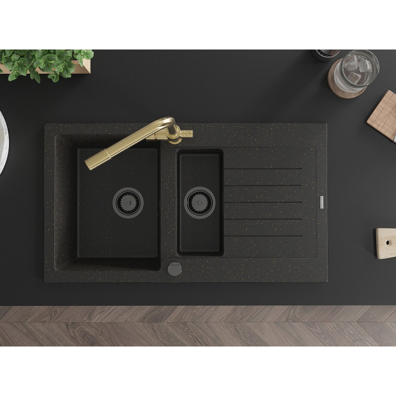 Mexen Matias granite sink 1.5-bowl with drainer and Duero kitchen faucet, black/gold - 6502-75-671600-50-B
