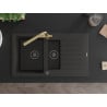 Mexen Matias 1.5-compartment granite sink with a drip tray and kitchen mixer tap Duero, Black/Gold - 6502-75-671600-50-B