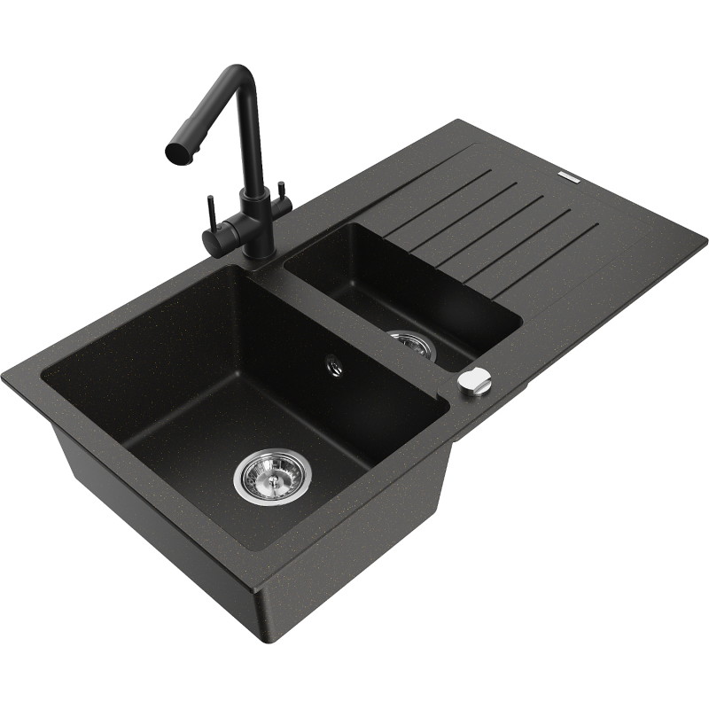 Mexen Matias 1.5-bowl granite sink with drainer and kitchen faucet Duero, black/golden metallic - 6502-75-671600-70