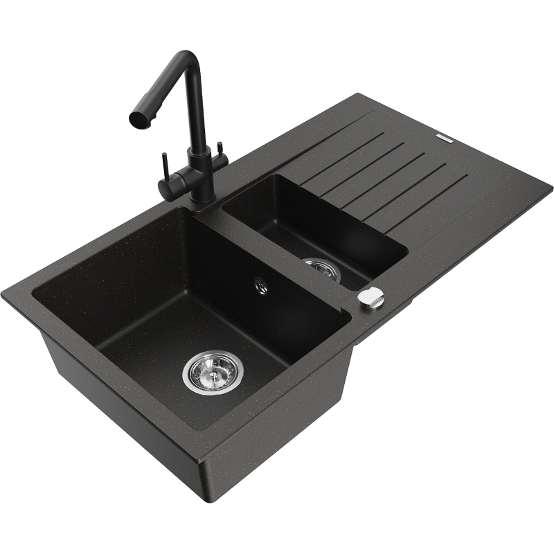 Mexen Matias 1.5-compartment granite sink with a drip tray and kitchen mixer tap Duero, Black/Gold metallic - 6502-75-671600-70