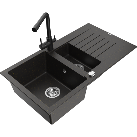 Mexen Matias 1.5-bowl granite sink with drainer and kitchen faucet Duero, black/golden metallic - 6502-75-671600-70