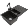 Mexen Matias granite sink 1.5-bowl with drainer and Duero kitchen tap, black/golden metallic - 6502-75-671600-70
