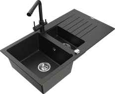 Mexen Matias granite sink 1.5-bowl with drainer and kitchen faucet Duero, black/gold metallic - 6502-75-671600-70