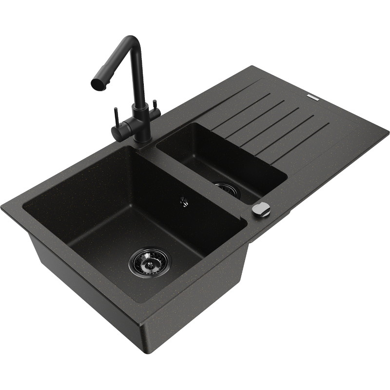 Mexen Matias 1.5-bowl granite sink with drainer and Duero kitchen faucet, black/gold - 6502-75-671600-70-B
