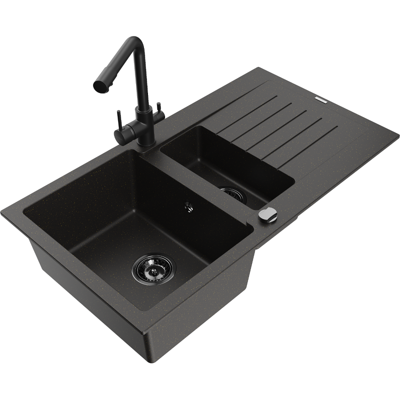 Mexen Matias granite sink 1.5-bowl with drainer and Duero kitchen tap, black/gold - 6502-75-671600-70-B