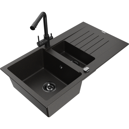 Mexen Matias 1.5-compartment granite sink with a drip tray and kitchen mixer tap Duero, Black/Gold - 6502-75-671600-70-B