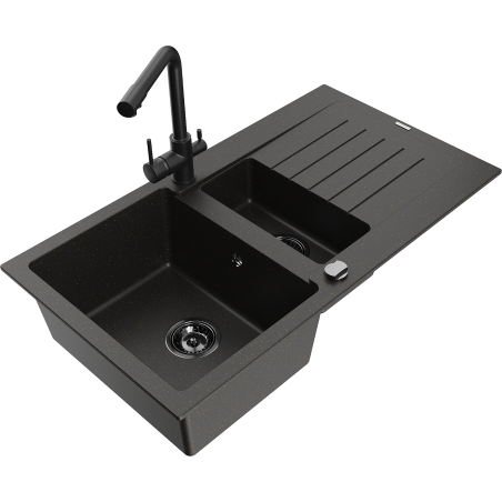 Mexen Matias granite sink 1.5-bowl with drainer and Duero kitchen tap, black/gold - 6502-75-671600-70-B