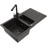 Mexen Matias 1.5-bowl granite sink with drainer and Duero kitchen faucet, black/gold - 6502-75-671600-70-B