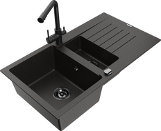 Mexen Matias granite sink 1.5-bowl with drainer and Duero kitchen faucet, black/gold - 6502-75-671600-70-B